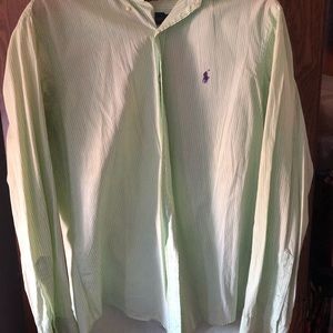 Men’s button down shirt by Ralph Lauren. Green and white stripe